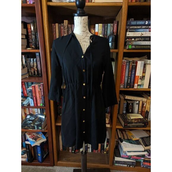 Amanda uprichard black silk button front dress elastic waist 3/4 sleeve sz s euc - Picture 1 of 6